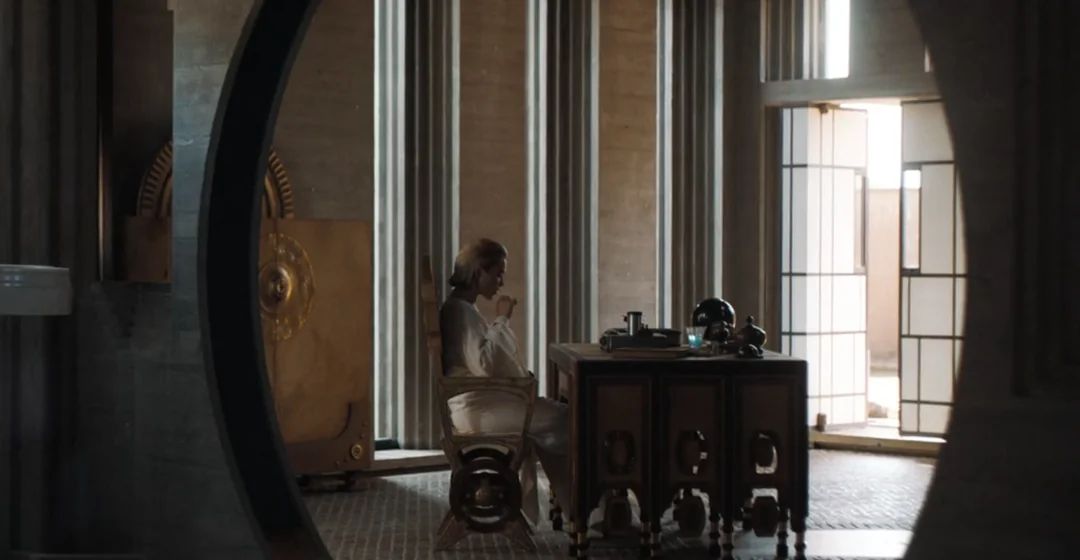 A frame from Dune part two showcasing Princess Irulan's apartments, staged at Carlo Scarpa's Brion tomb